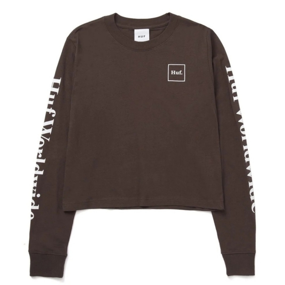 HUF Domestic Crop Tee Brown Long Sleeve 90s Streetwear Ribbed Collar XS NWT - Picture 2 of 10